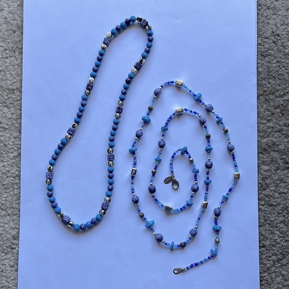 Two necklaces of purple, blue + silver beads